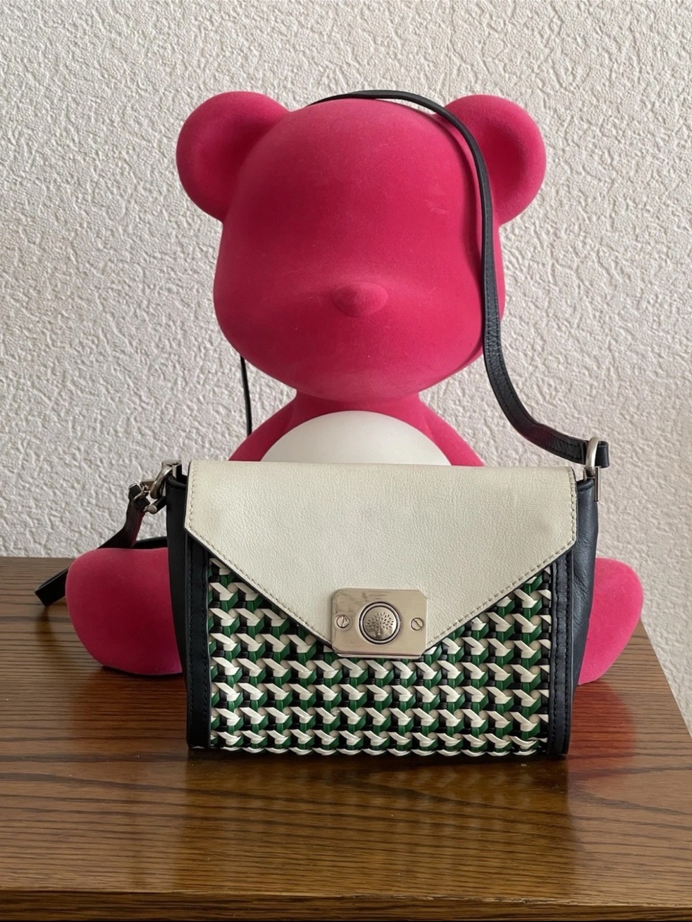 Mulberry Green, White & Black Woven Crossbody Bag